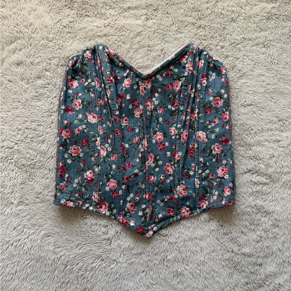 Urban Outfitters Floral Corset Top - Teal with Pink Roses